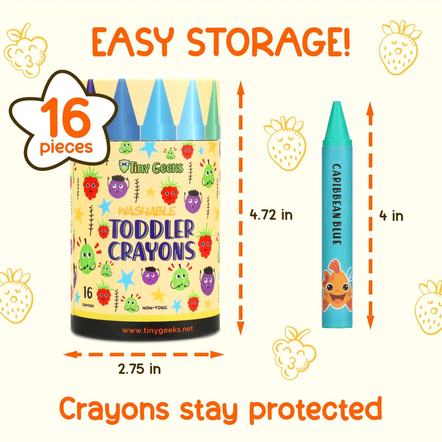 TinyGeeks Jumbo Crayons (16 Colors) – Non-Toxic, Washable, Easy-to-Hold for Toddlers and Kids
