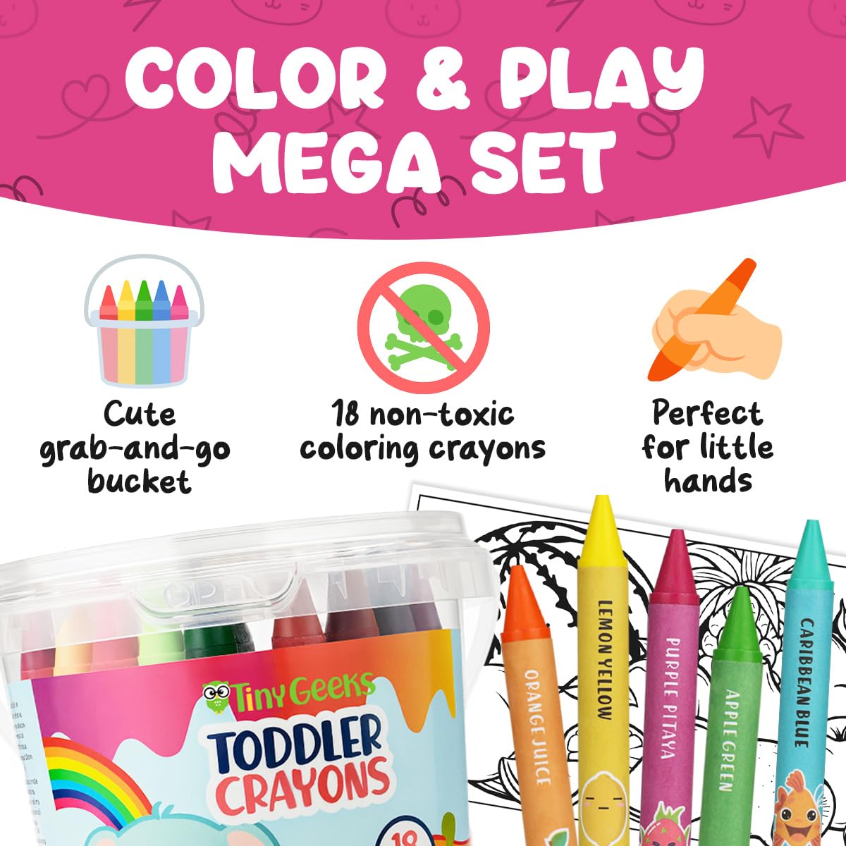 TinyGeeks Jumbo Crayons for Toddlers – 18pc Set With Color Sheets | Washable, Non-Toxic & Easy to Hold