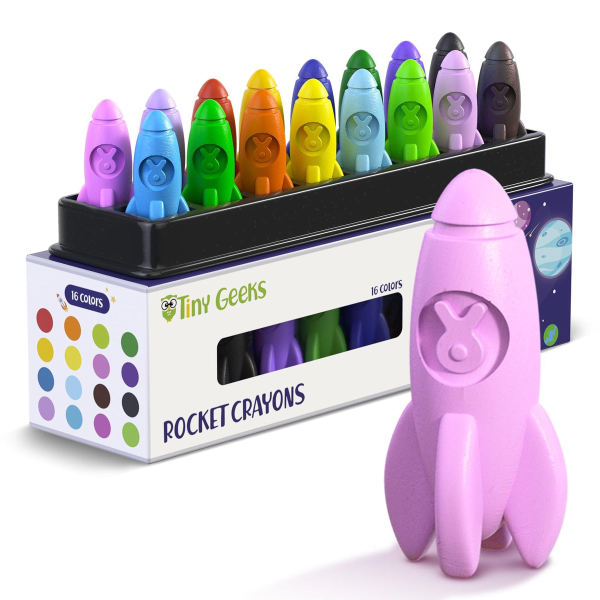 TinyGeeks 16 Rocket Crayons - Non-Toxic & Washable for Toddlers & Kids 3-10