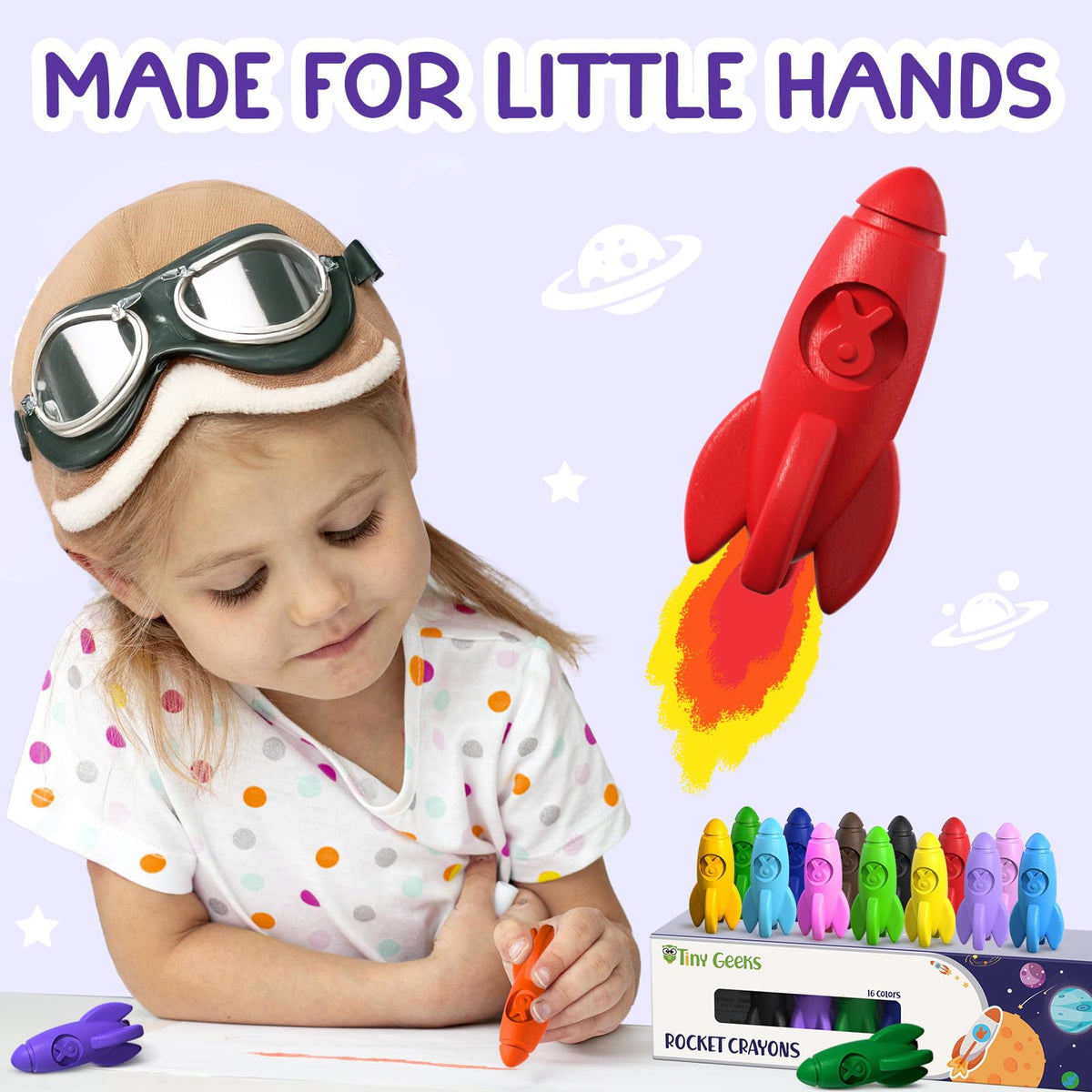 TinyGeeks 16 Rocket Crayons - Non-Toxic & Washable for Toddlers & Kids 3-10