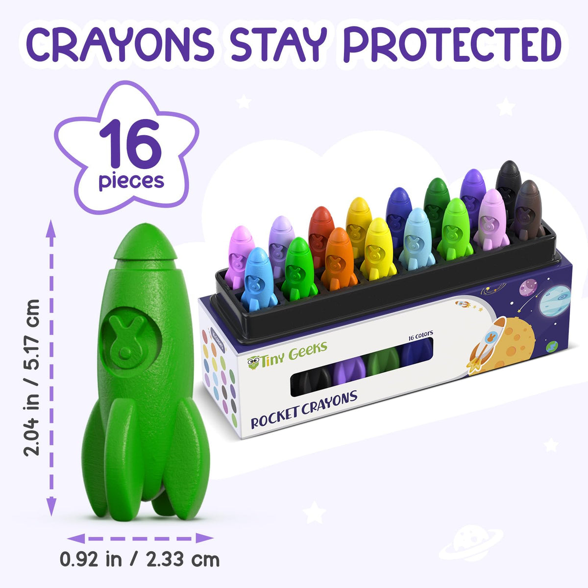 TinyGeeks 16 Rocket Crayons - Non-Toxic & Washable for Toddlers & Kids 3-10
