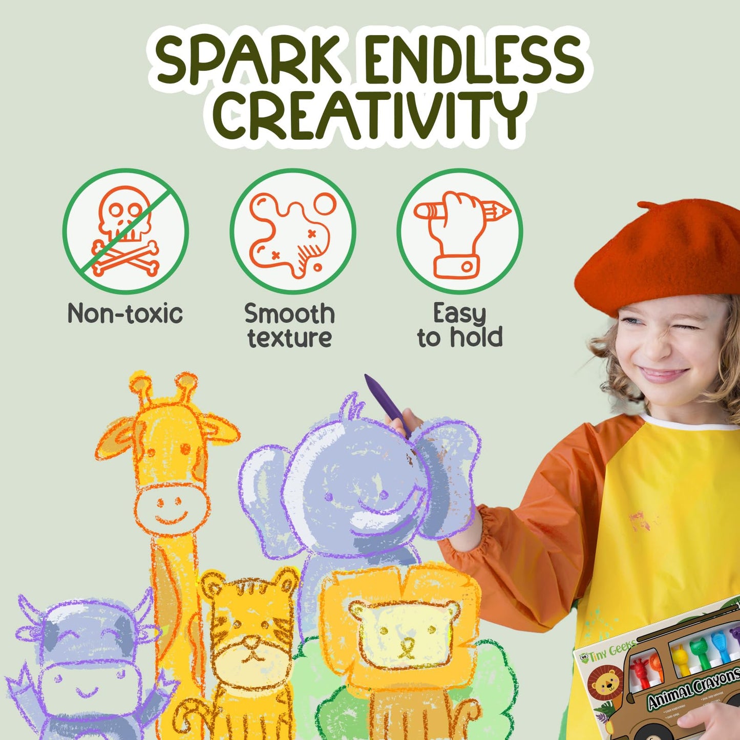 TinyGeeks 6 Animal Shaped Crayons – Non-Toxic, Washable & Easy to Hold for Kids 4-8