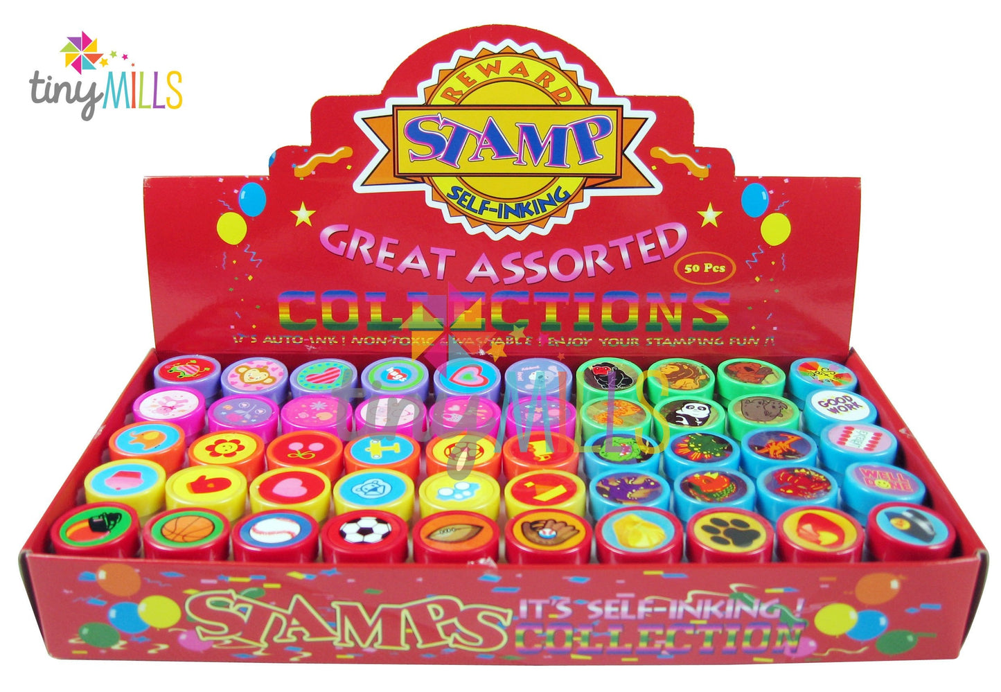 TINYMILLS 50 Pcs Assorted Stampers for Kids – Pre-Inked, Non-Toxic Party Favors