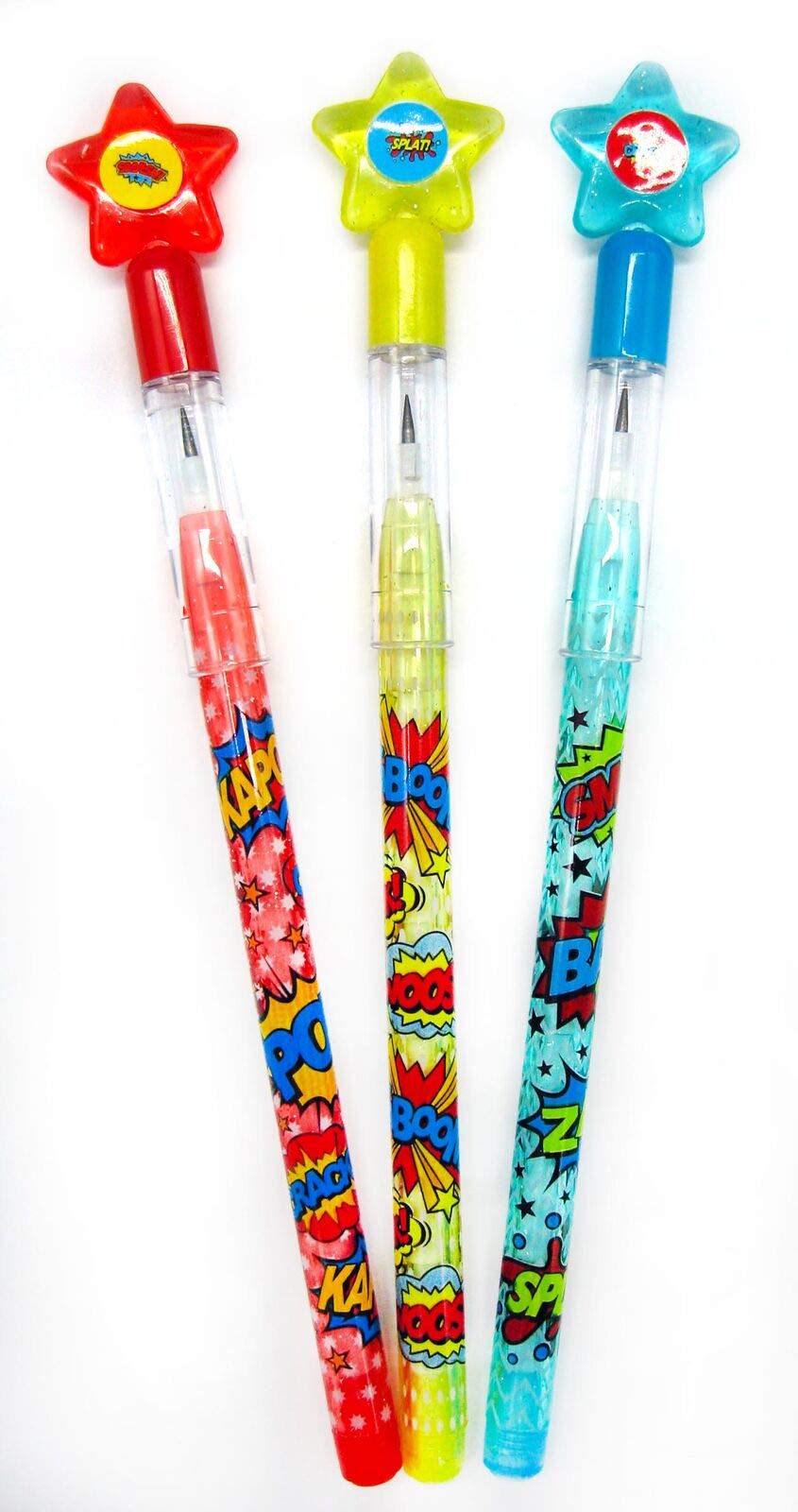 TINYMILLS 24-Pcs Superhero Text Pencils with Erasers – Stackable, Non-Sharpening, Refills Included