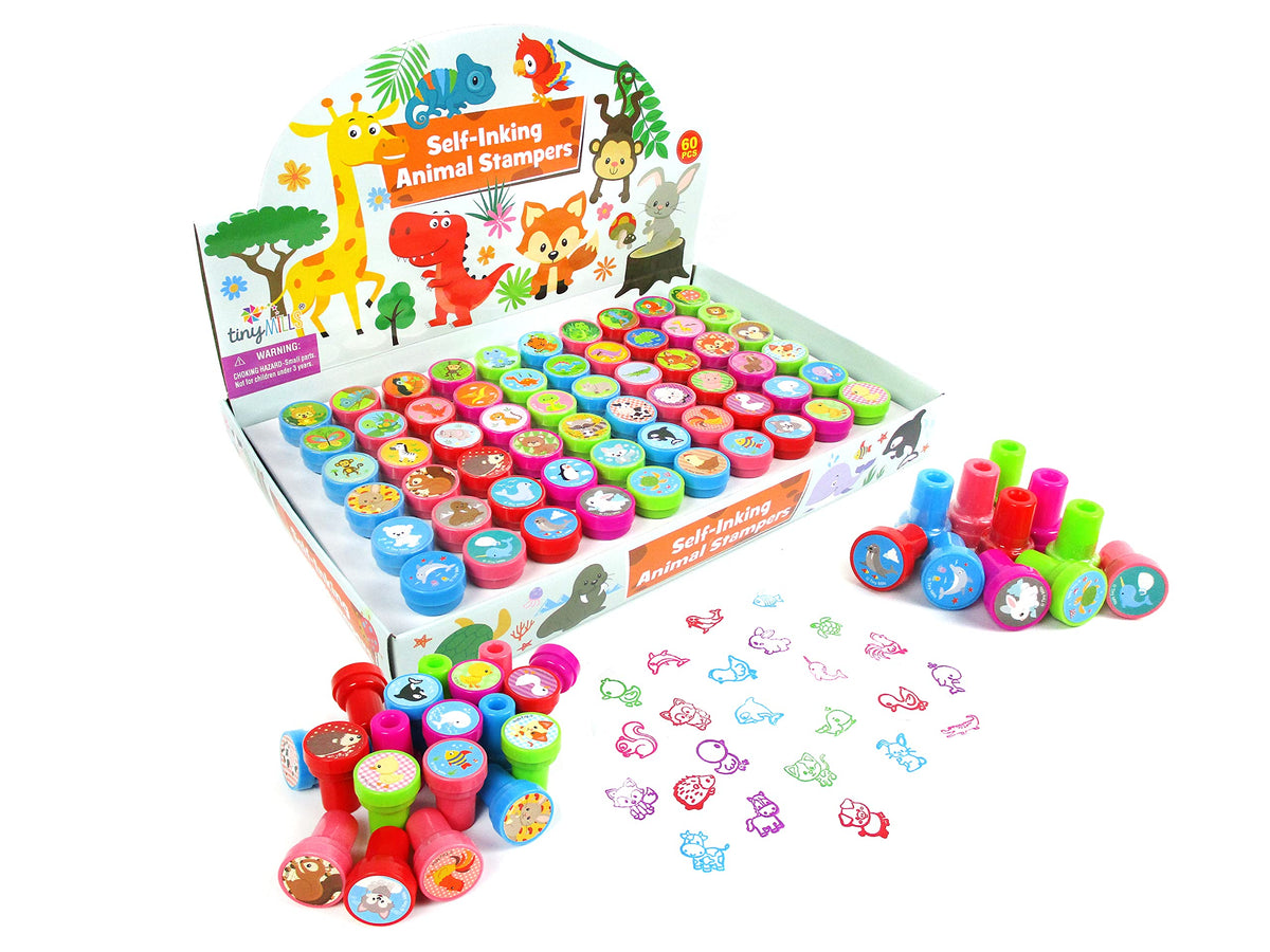 TINYMILLS 60 Pcs Animals Assorted Stampers – Pre-Inked Kids Craft Set for Parties & Class Rewards