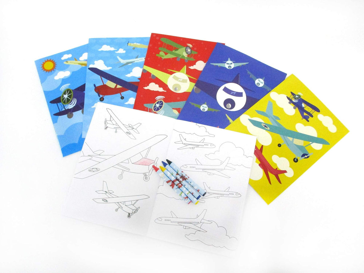 TINYMILLS Airplane Coloring Book Set – 12 Coloring Books & 48 Crayons for Travel & Aviation Fun