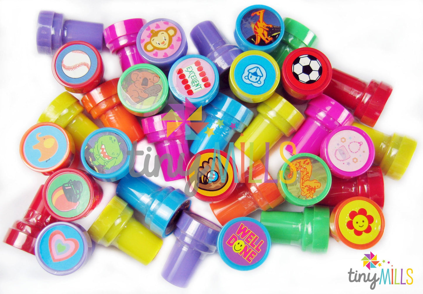 TINYMILLS 50 Pcs Assorted Stampers for Kids – Pre-Inked, Non-Toxic Party Favors