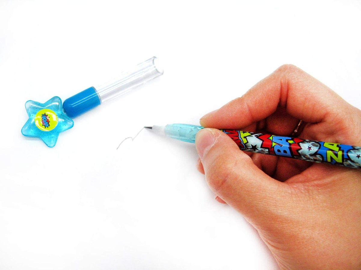 TINYMILLS 24-Pcs Superhero Text Pencils with Erasers – Stackable, Non-Sharpening, Refills Included