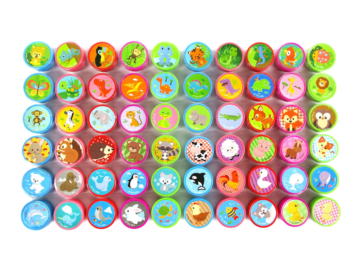 TINYMILLS 60 Pcs Animals Assorted Stampers – Pre-Inked Kids Craft Set for Parties & Class Rewards
