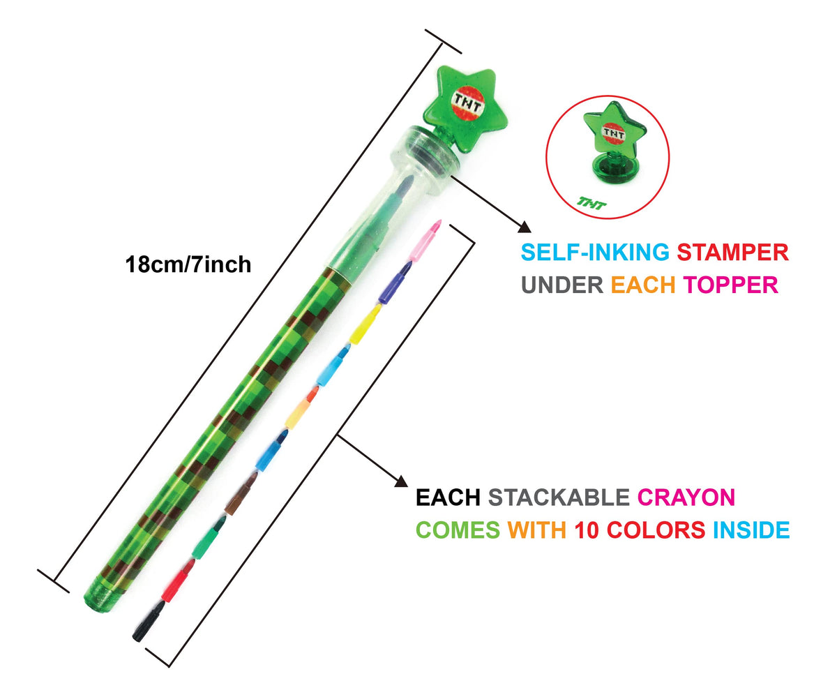 TINYMILLS Pixel Miner 24 Pcs – 2-in-1 Stackable Crayons with Stamper Toppers