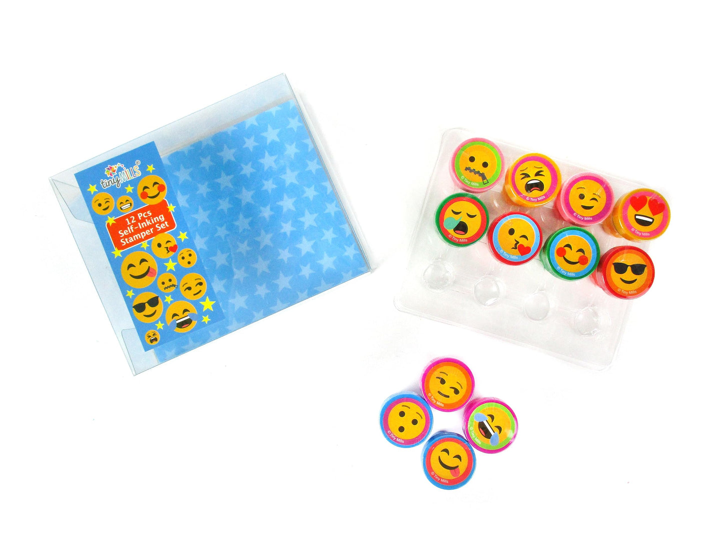 TINYMILLS 12-Piece Emoji Stamp Kit for Kids – Self-Inking Stamps for Parties & Crafts