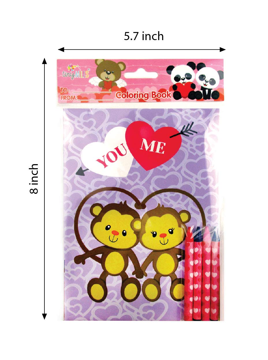 TINYMILLS Valentine Coloring Book & Crayon Set – 12 Books, 48 Crayons