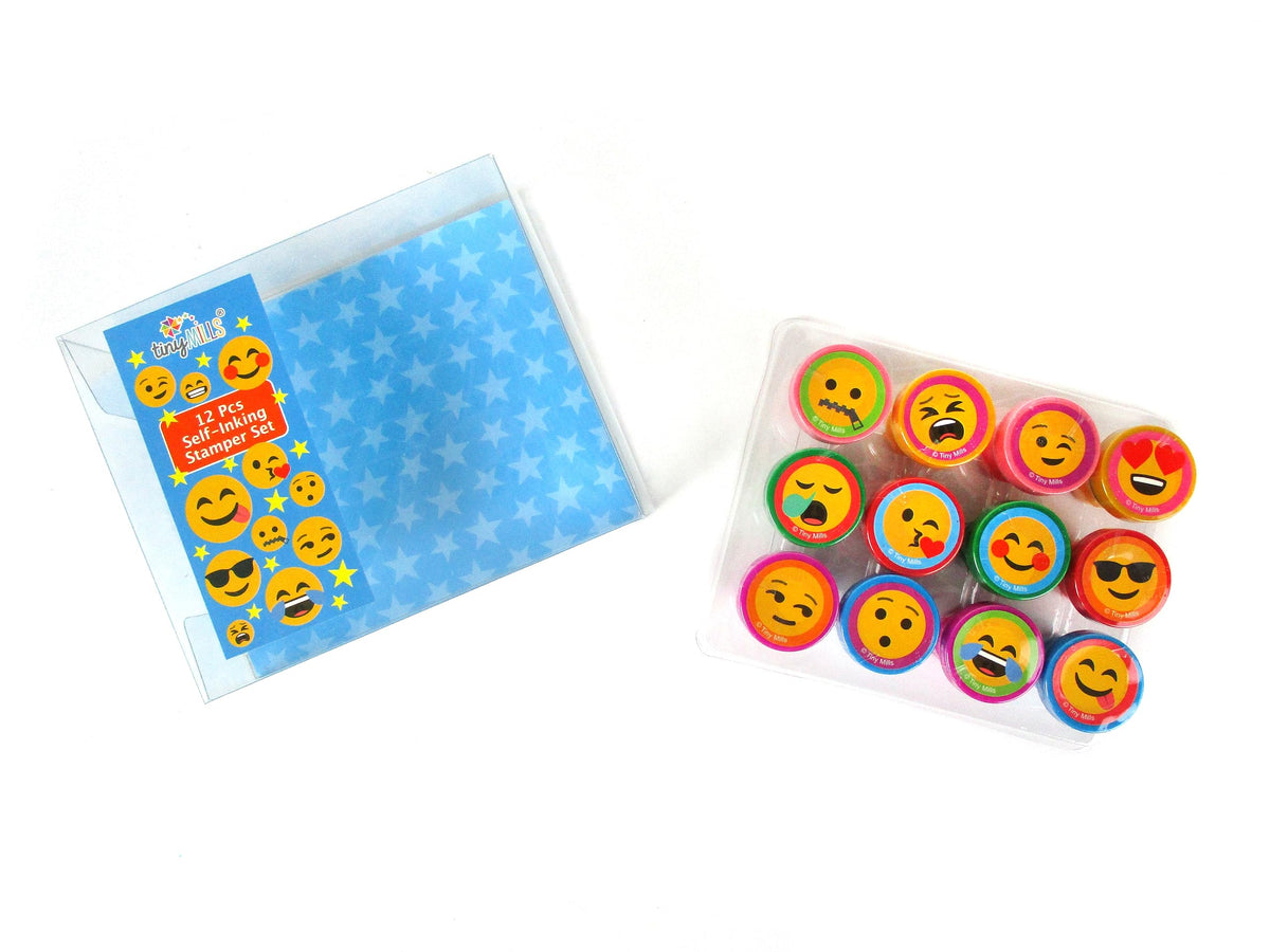 TINYMILLS 12-Piece Emoji Stamp Kit for Kids – Self-Inking Stamps for Parties & Crafts