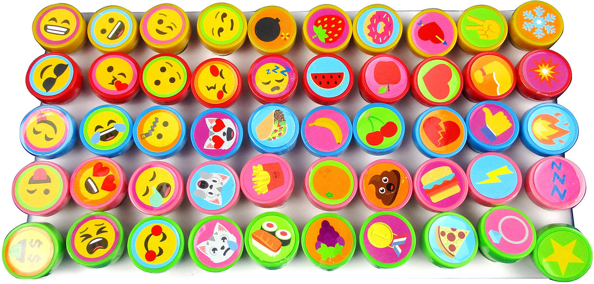 TINYMILLS 50 Pcs Emoticons Stamps – Self-Inking Emoji Stampers for Kids, Party Favors & Classroom Rewards