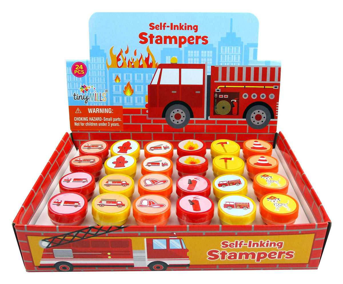 TINYMILLS 24 Pcs Firetrucks Stampers for Kids – Pre-Inked, Non-Toxic Craft Tools