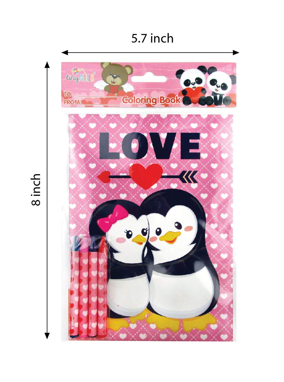 TINYMILLS Valentine Coloring Book & Crayon Set – 12 Books, 48 Crayons