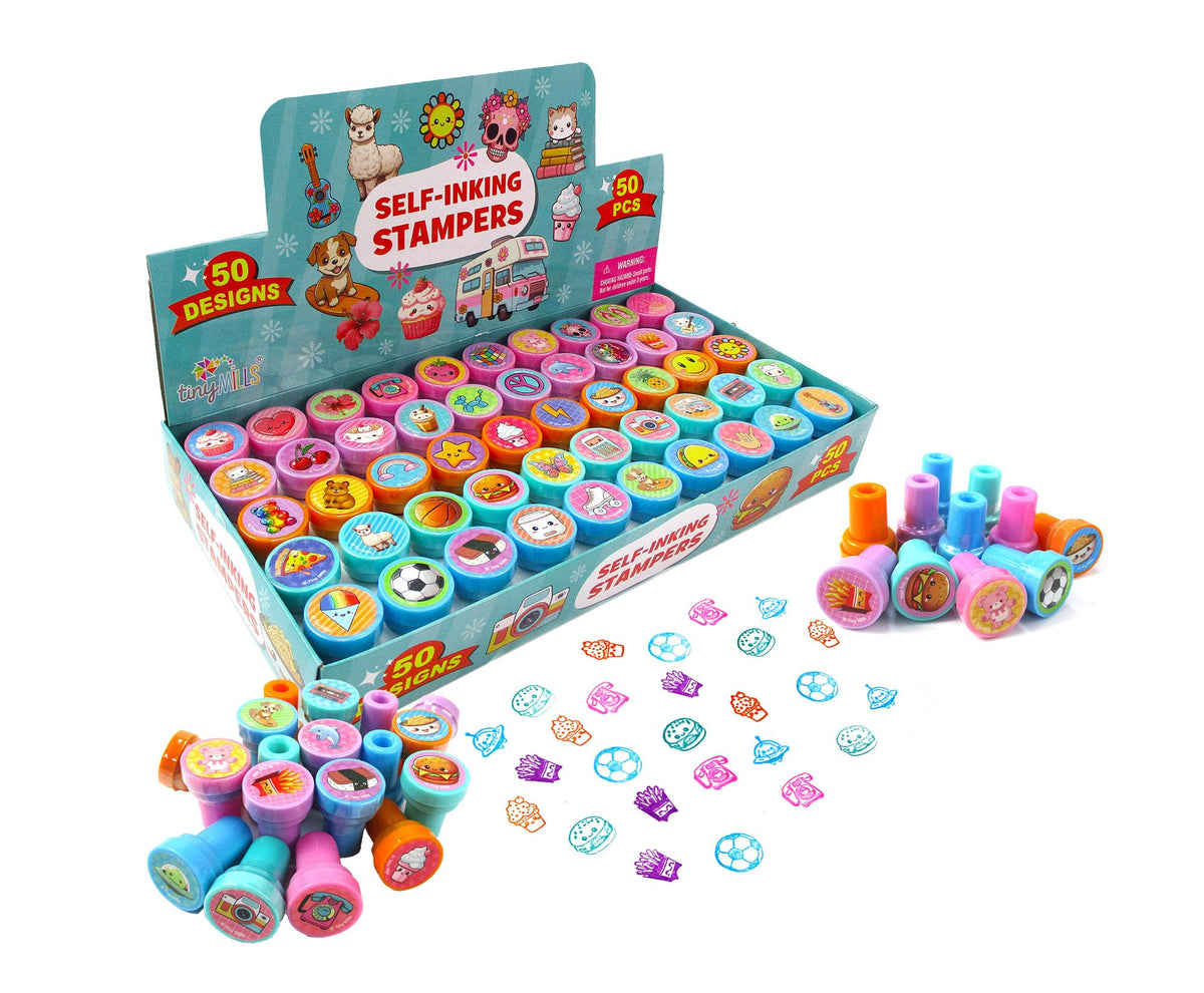 TINYMILLS 50 Pcs Assorted Kawaii Self-Inking Stamps – Cute Stamps for Party Favors, Classroom Rewards & Prizes