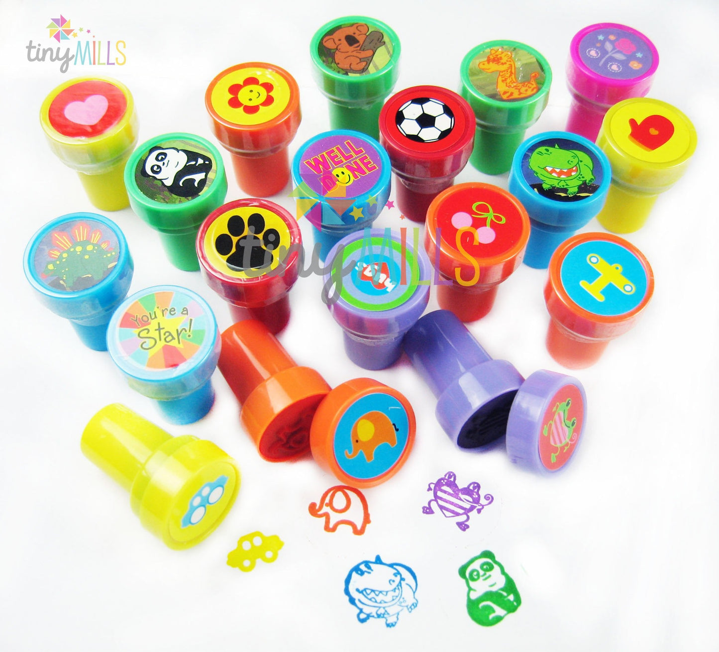 TINYMILLS 50 Pcs Assorted Stampers for Kids – Pre-Inked, Non-Toxic Party Favors