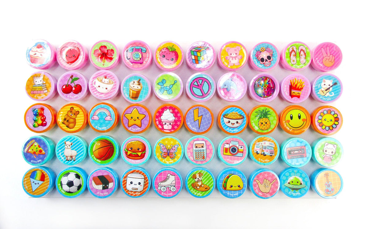 TINYMILLS 50 Pcs Assorted Kawaii Self-Inking Stamps – Cute Stamps for Party Favors, Classroom Rewards & Prizes