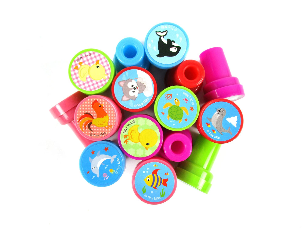 TINYMILLS 60 Pcs Animals Assorted Stampers – Pre-Inked Kids Craft Set for Parties & Class Rewards