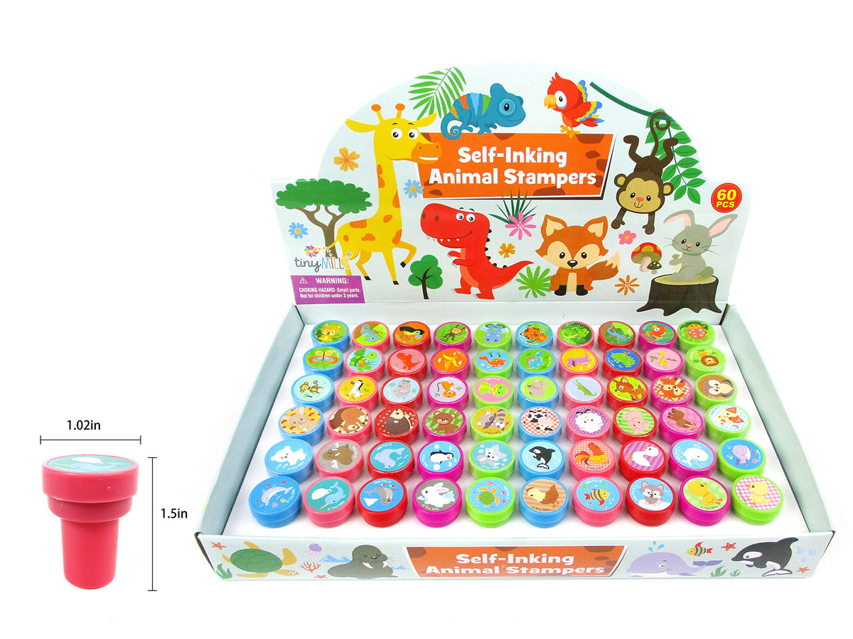 TINYMILLS 60 Pcs Animals Assorted Stampers – Pre-Inked Kids Craft Set for Parties & Class Rewards