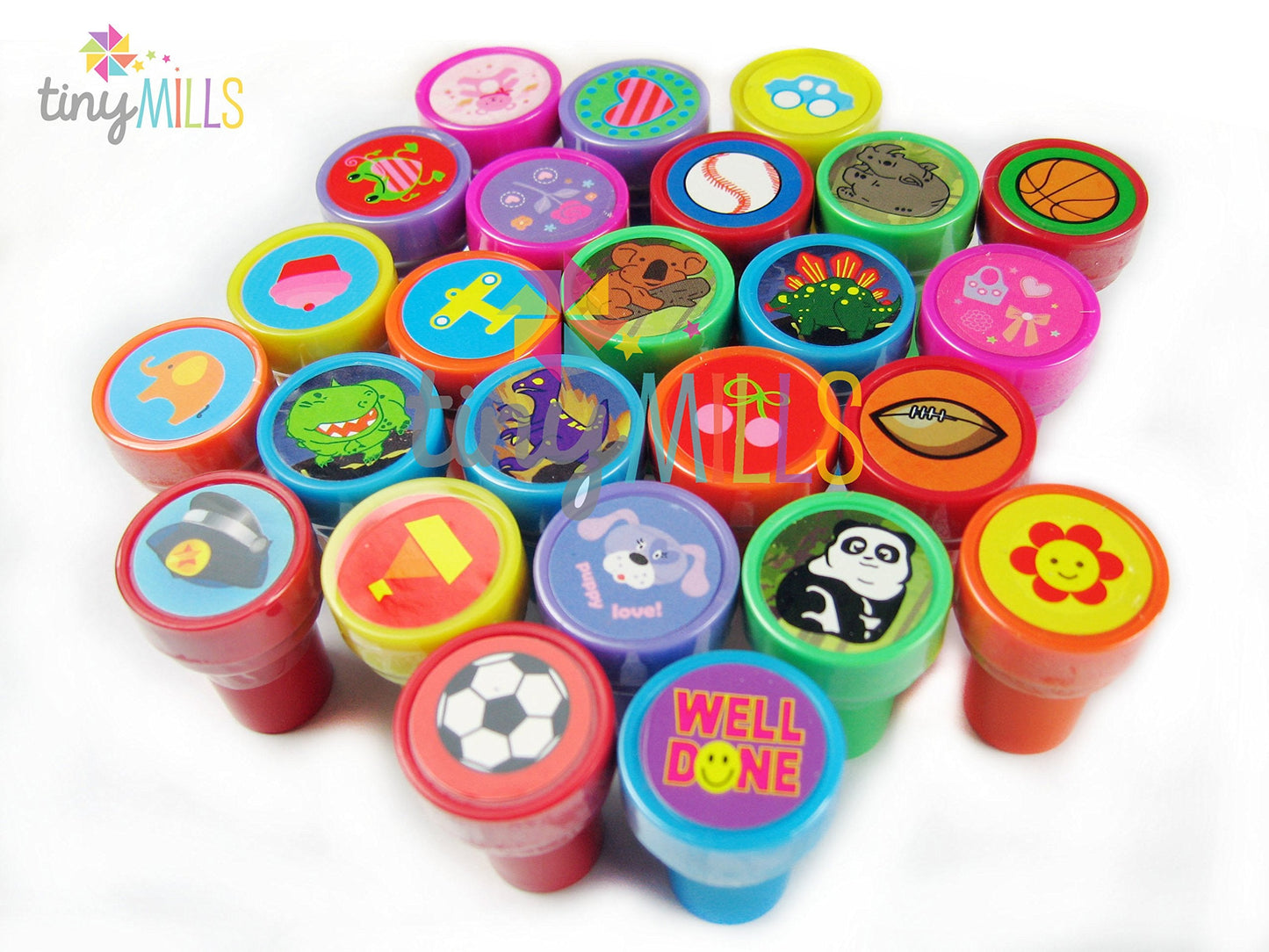 TINYMILLS 50 Pcs Assorted Stampers for Kids – Pre-Inked, Non-Toxic Party Favors