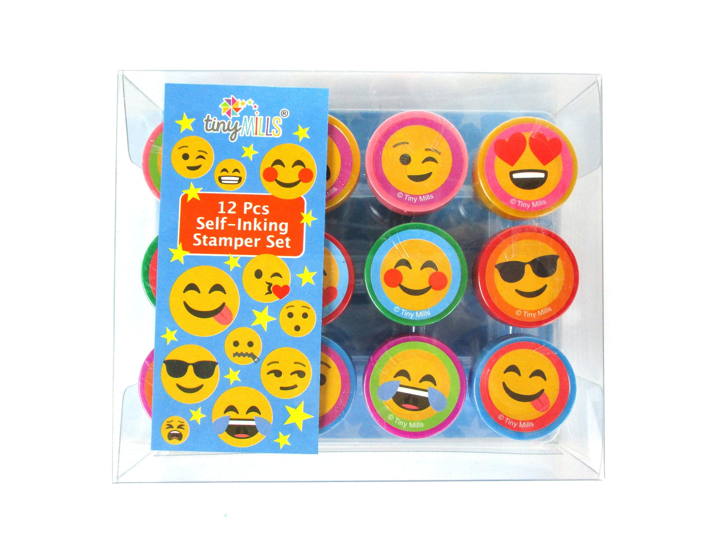 TINYMILLS 12-Piece Emoji Stamp Kit for Kids – Self-Inking Stamps for Parties & Crafts
