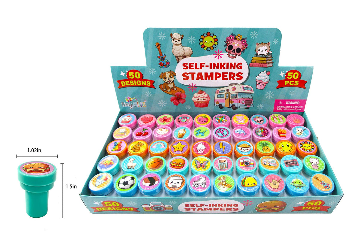 TINYMILLS 50 Pcs Assorted Kawaii Self-Inking Stamps – Cute Stamps for Party Favors, Classroom Rewards & Prizes