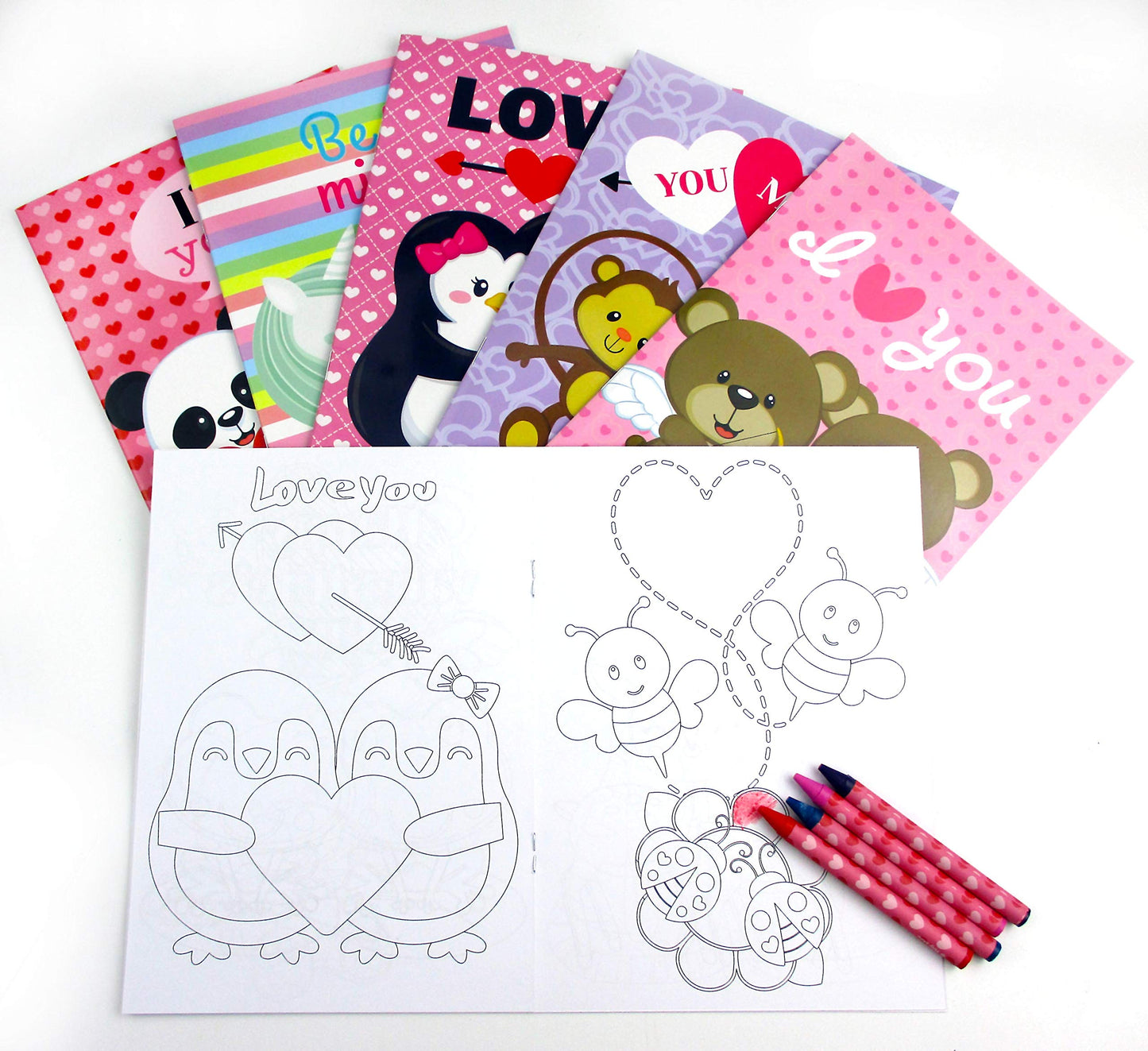 TINYMILLS Valentine Coloring Book & Crayon Set – 12 Books, 48 Crayons