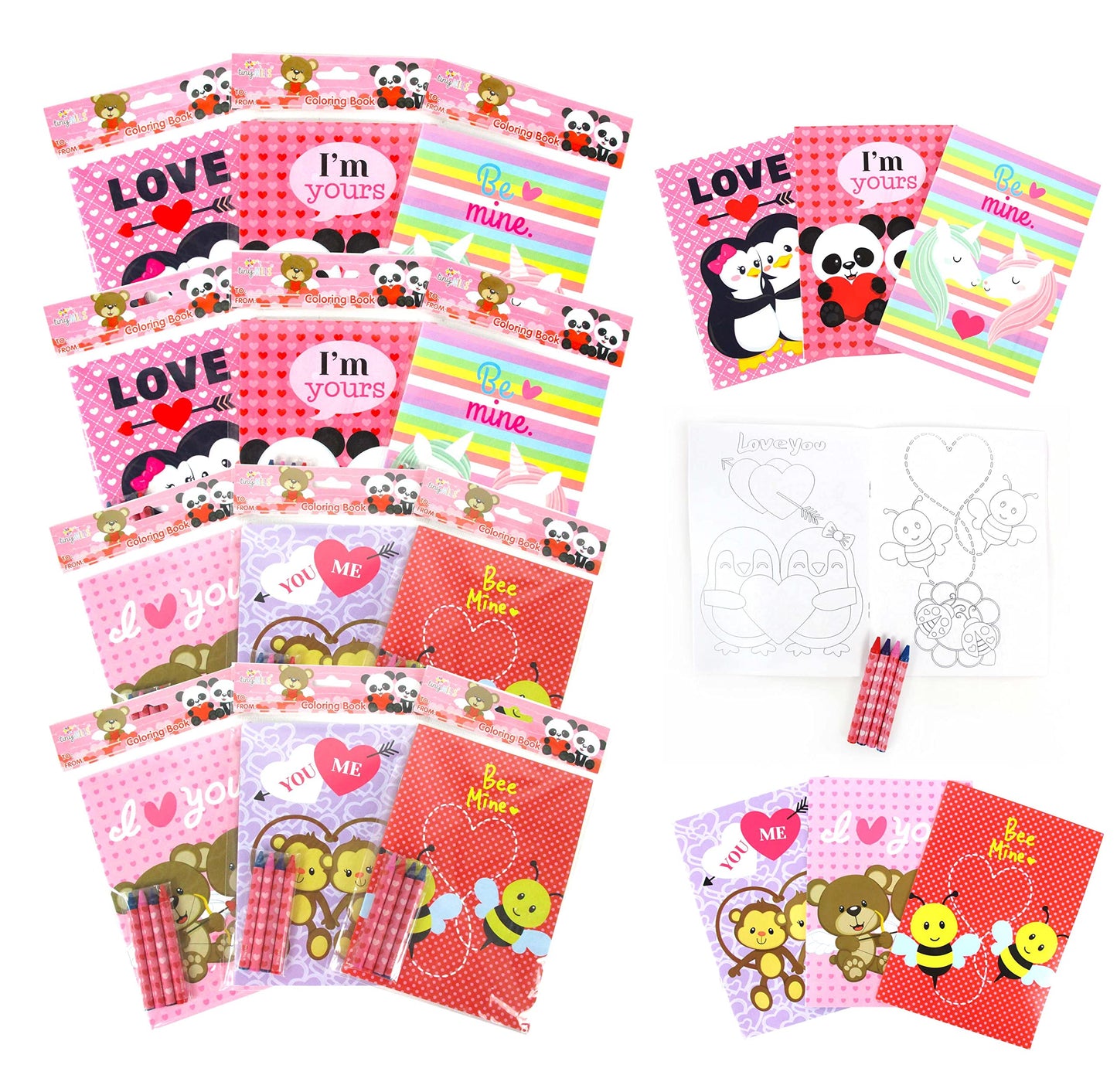TINYMILLS Valentine Coloring Book & Crayon Set – 12 Books, 48 Crayons