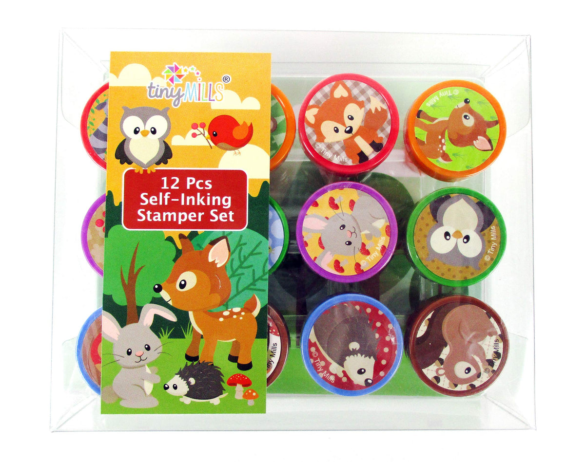 TINYMILLS 12 Pcs Woodland Critters Stamp Kit – Self-Inking Stamps for Kids