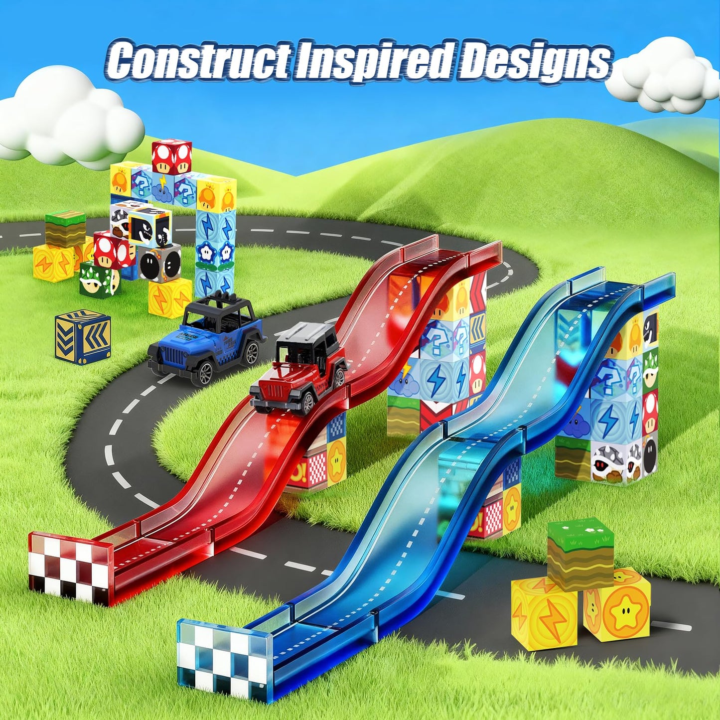 tinytrek Magnetic Tiles Race Track Set – 52PCS STEM Building Blocks for Kids 3–8 | Travel-Friendly Toy