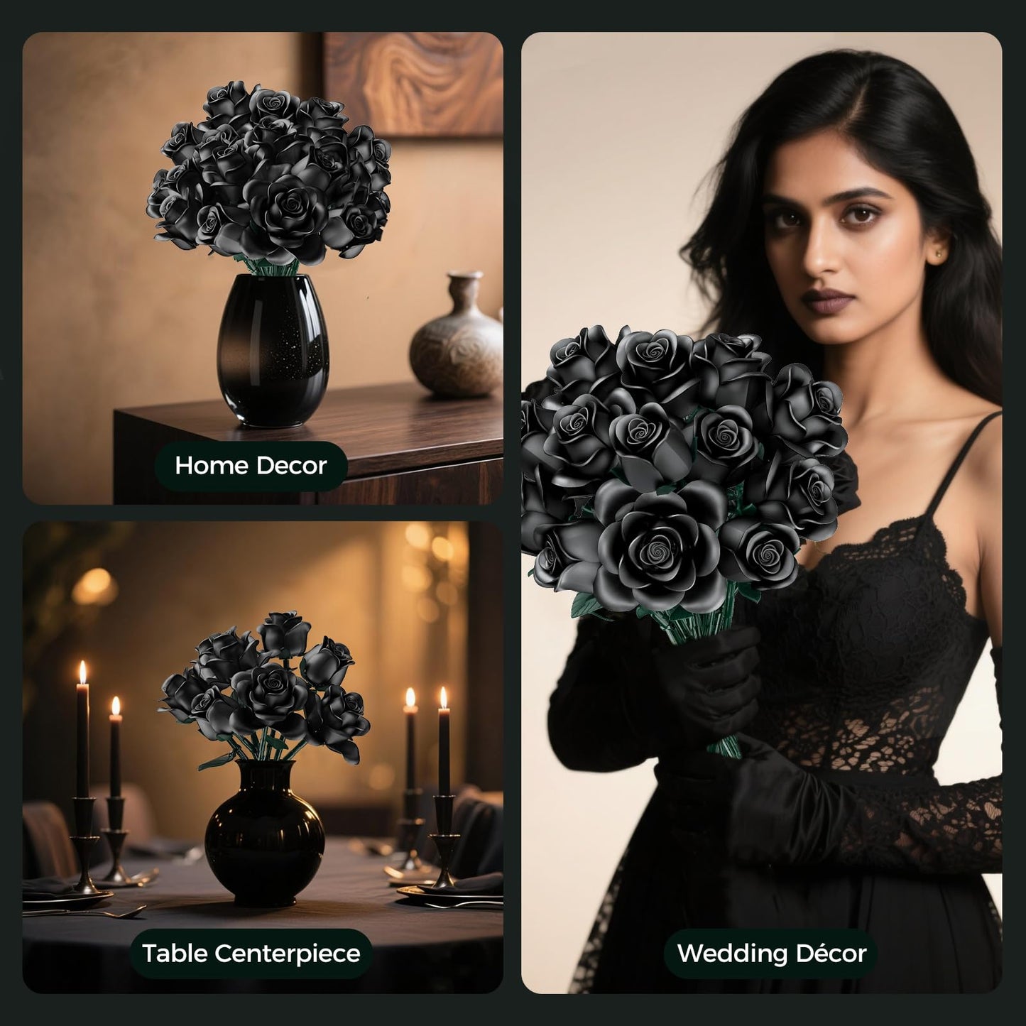 tinytrek Black Rose Bouquet Building Set – 12-Piece Decorative Flowers for Adults