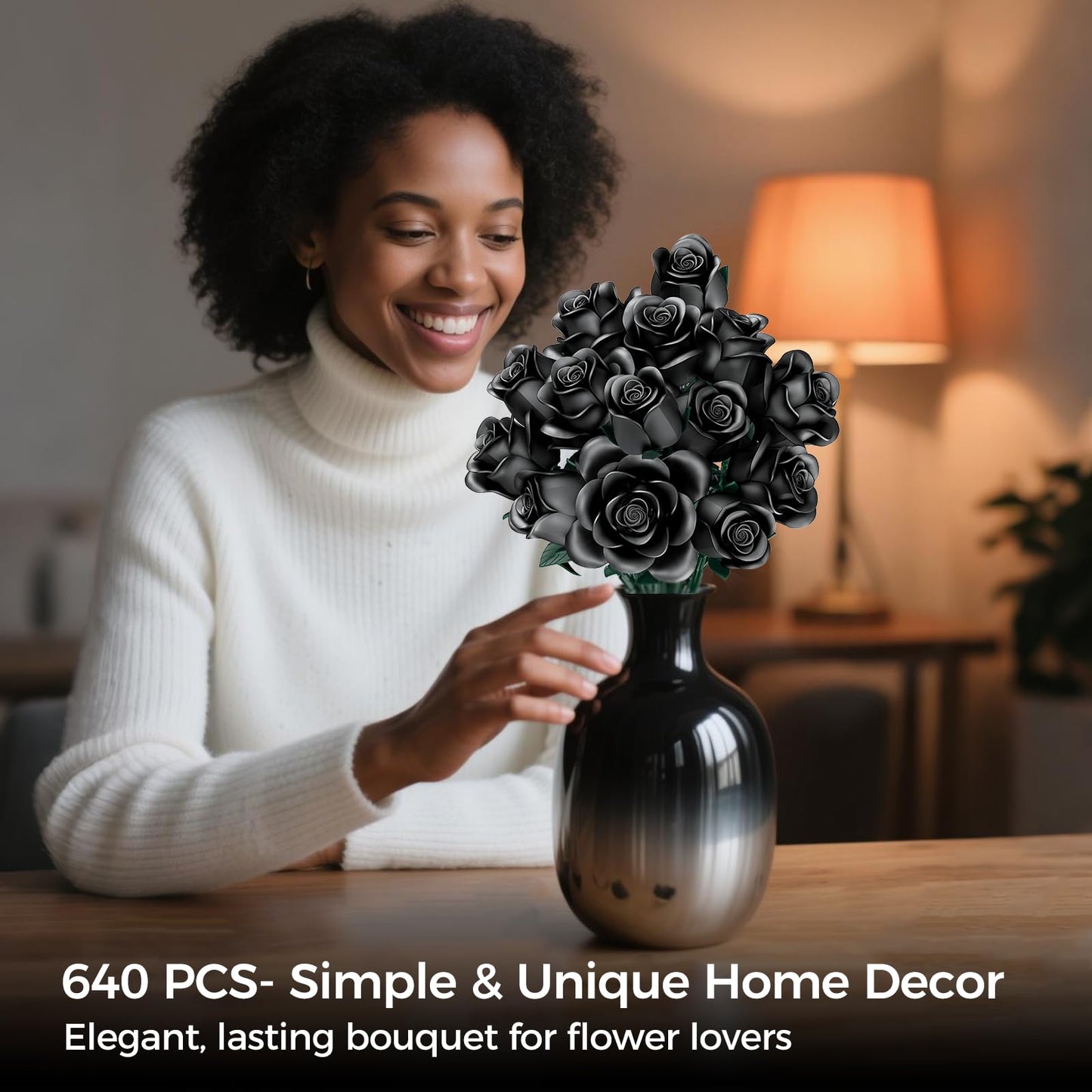 tinytrek Black Rose Bouquet Building Set – 12-Piece Decorative Flowers for Adults