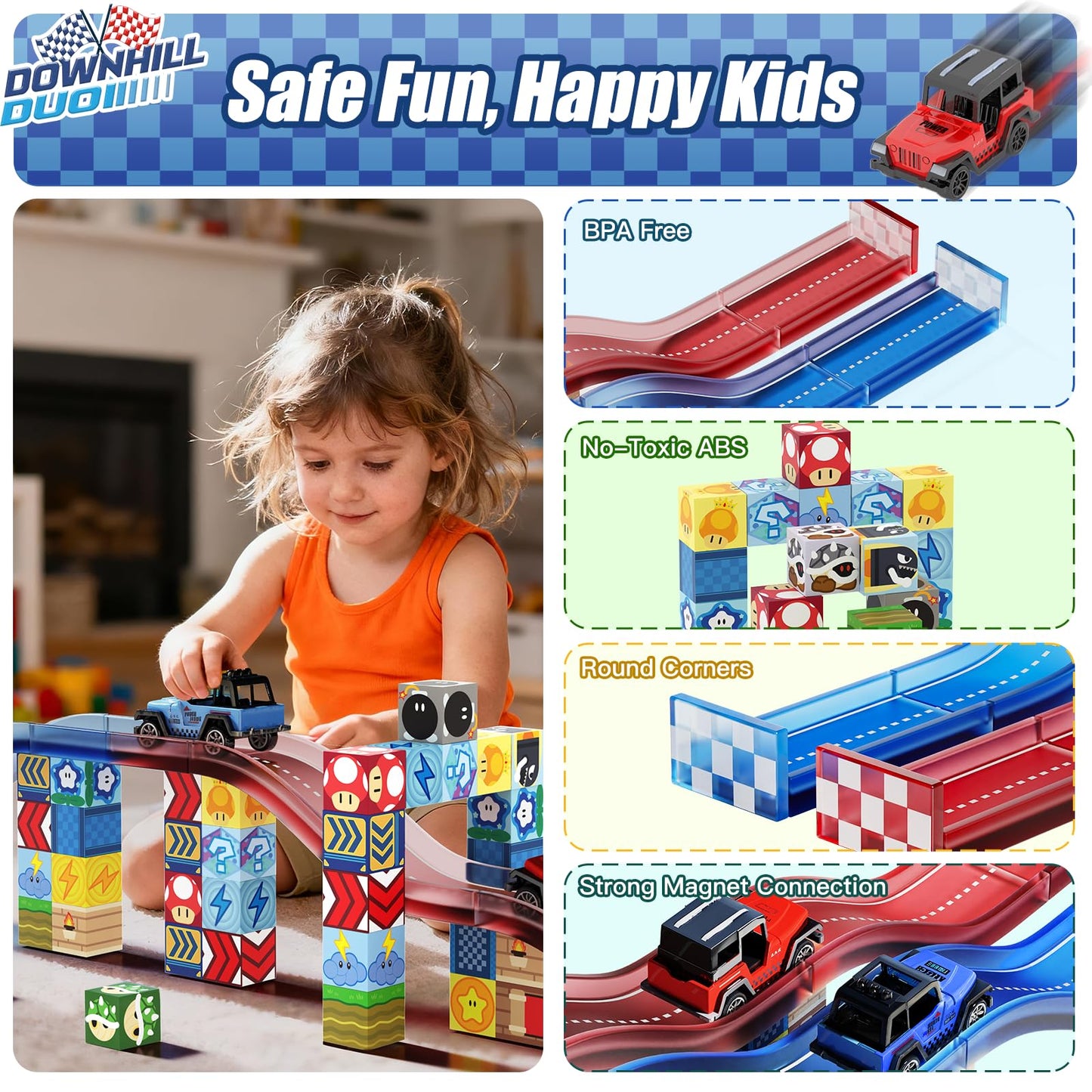tinytrek Magnetic Tiles Race Track Set – 52PCS STEM Building Blocks for Kids 3–8 | Travel-Friendly Toy