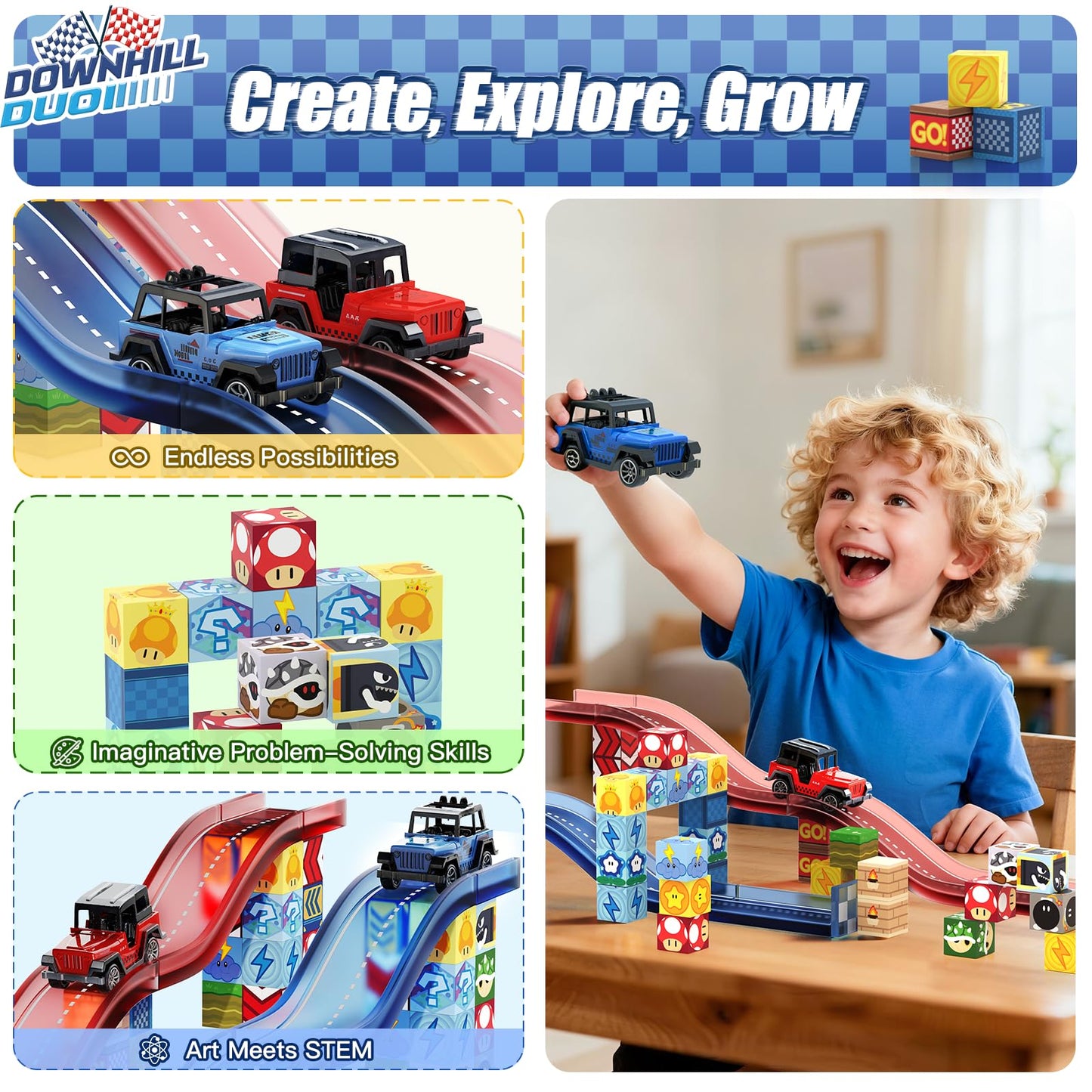 tinytrek Magnetic Tiles Race Track Set – 52PCS STEM Building Blocks for Kids 3–8 | Travel-Friendly Toy