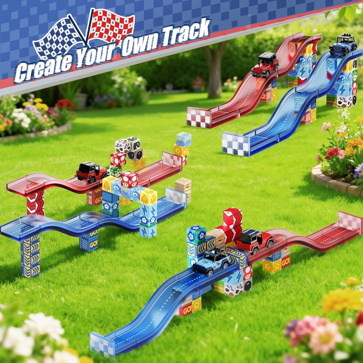 tinytrek Magnetic Tiles Race Track Set – 52PCS STEM Building Blocks for Kids 3–8 | Travel-Friendly Toy