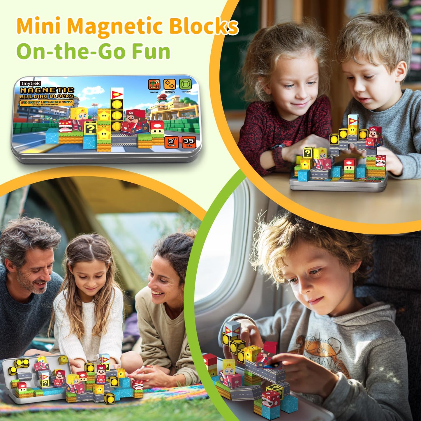 tinytrek 35 PCS Mini Magnetic Tiles Travel Set – Portable STEM Building Blocks for Kids 3-8