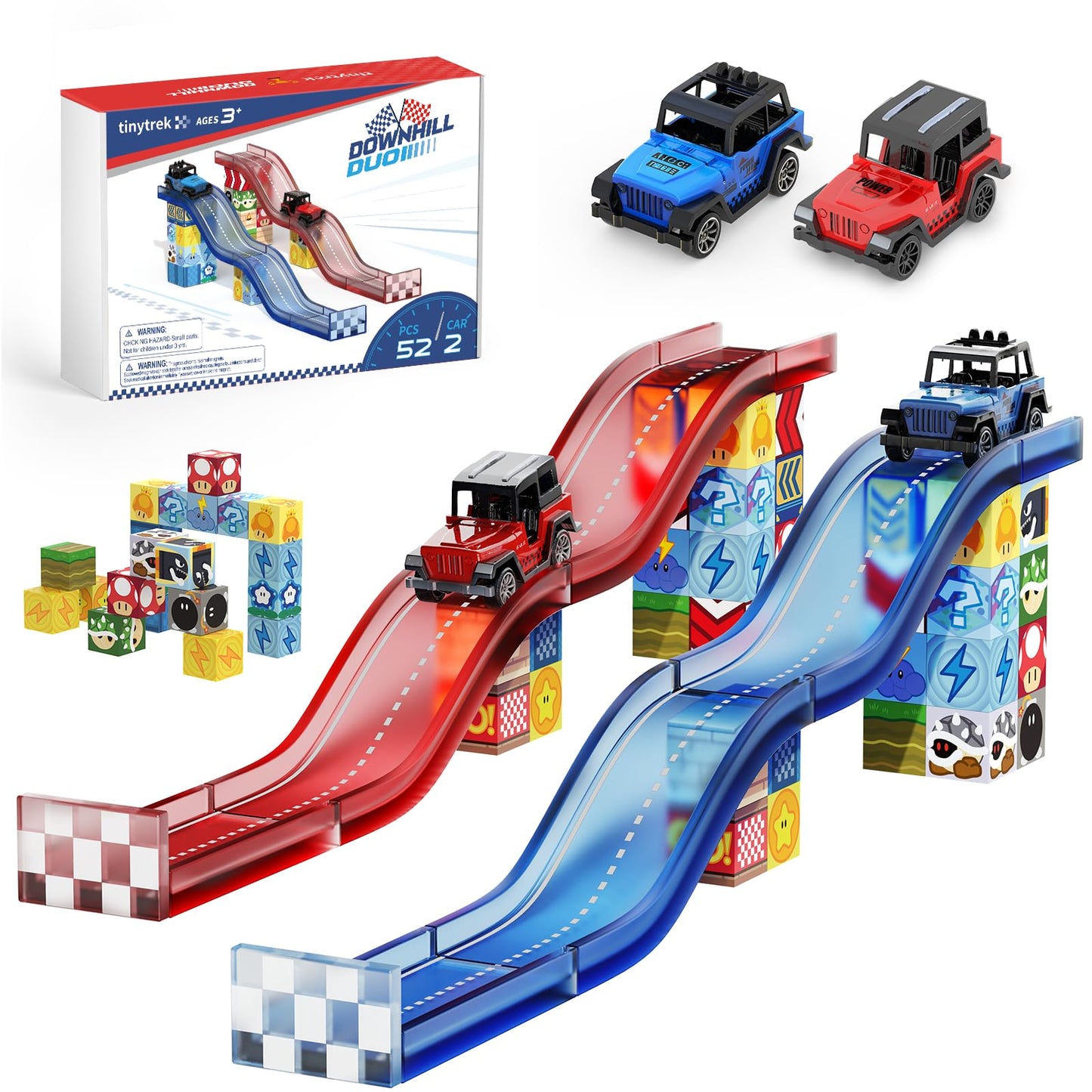 tinytrek Magnetic Tiles Race Track Set – 52PCS STEM Building Blocks for Kids 3–8 | Travel-Friendly Toy