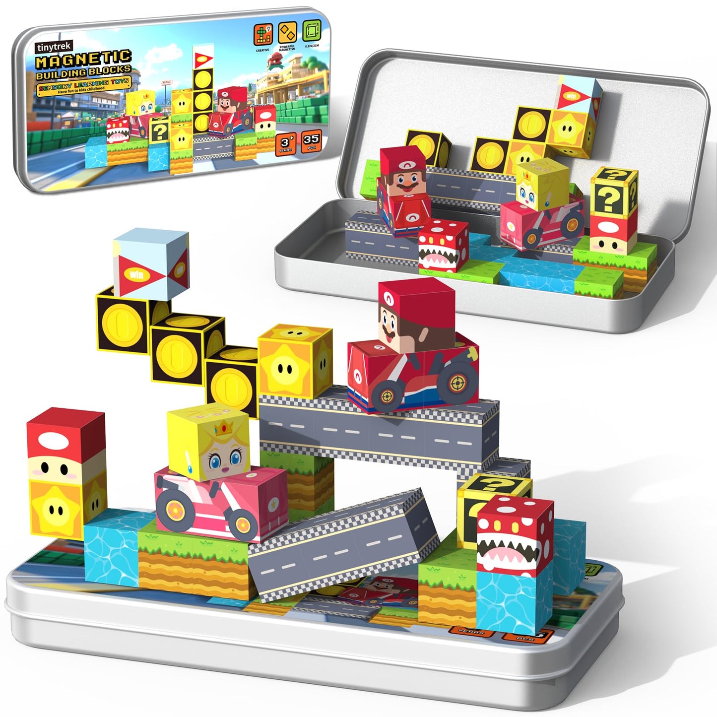 tinytrek 35 PCS Mini Magnetic Tiles Travel Set – Portable STEM Building Blocks for Kids 3-8