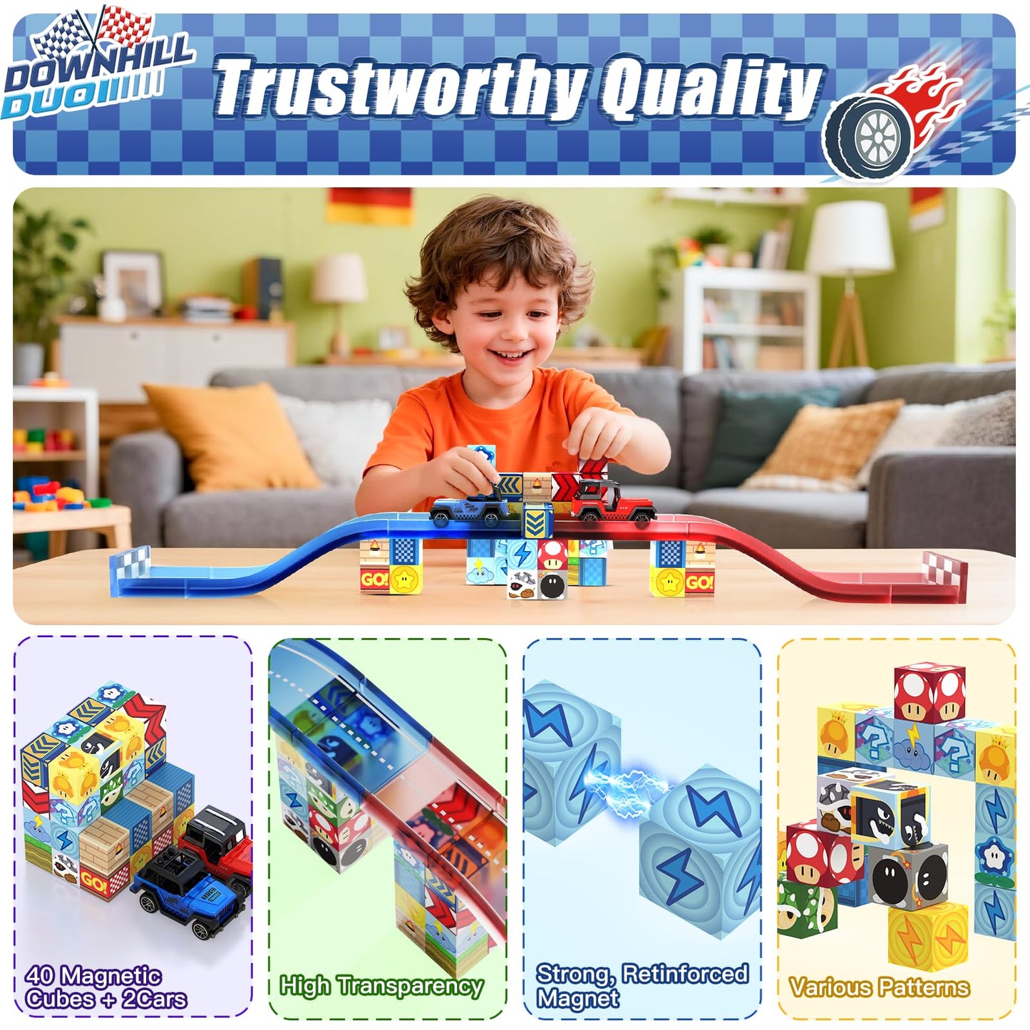 tinytrek Magnetic Tiles Race Track Set – 52PCS STEM Building Blocks for Kids 3–8 | Travel-Friendly Toy