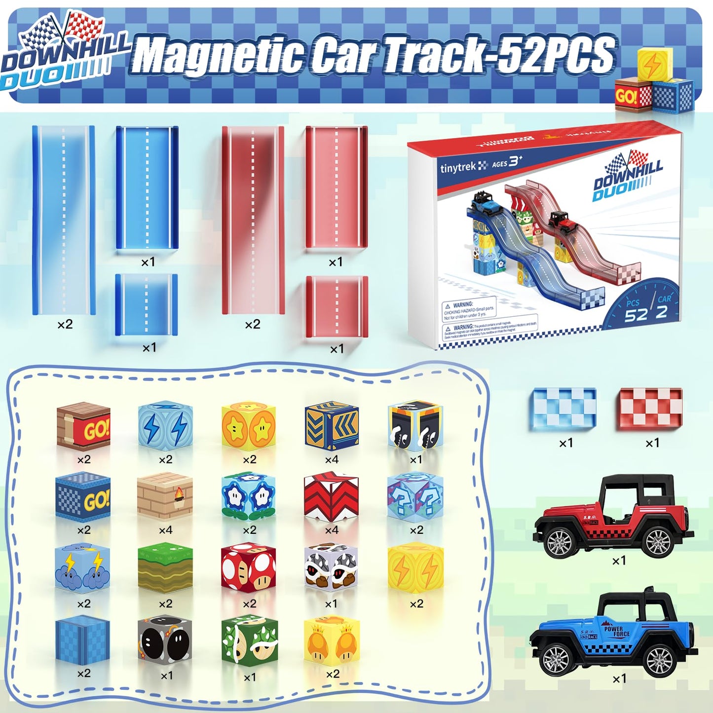 tinytrek Magnetic Tiles Race Track Set – 52PCS STEM Building Blocks for Kids 3–8 | Travel-Friendly Toy