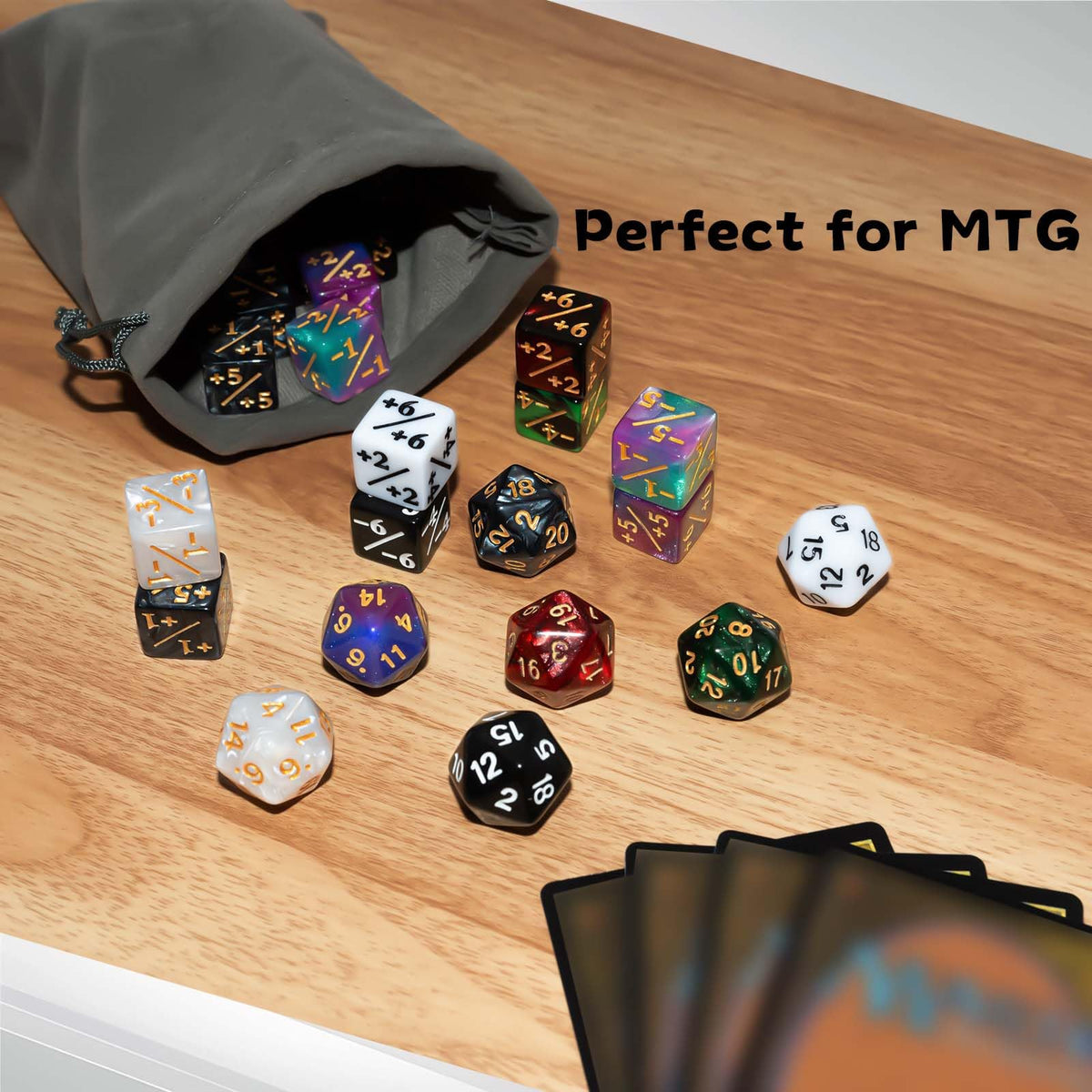 Tinzum 56-Piece MTG Dice Set — 48 Counters, 8 D20s, 8 Colors, Velvet Pouch
