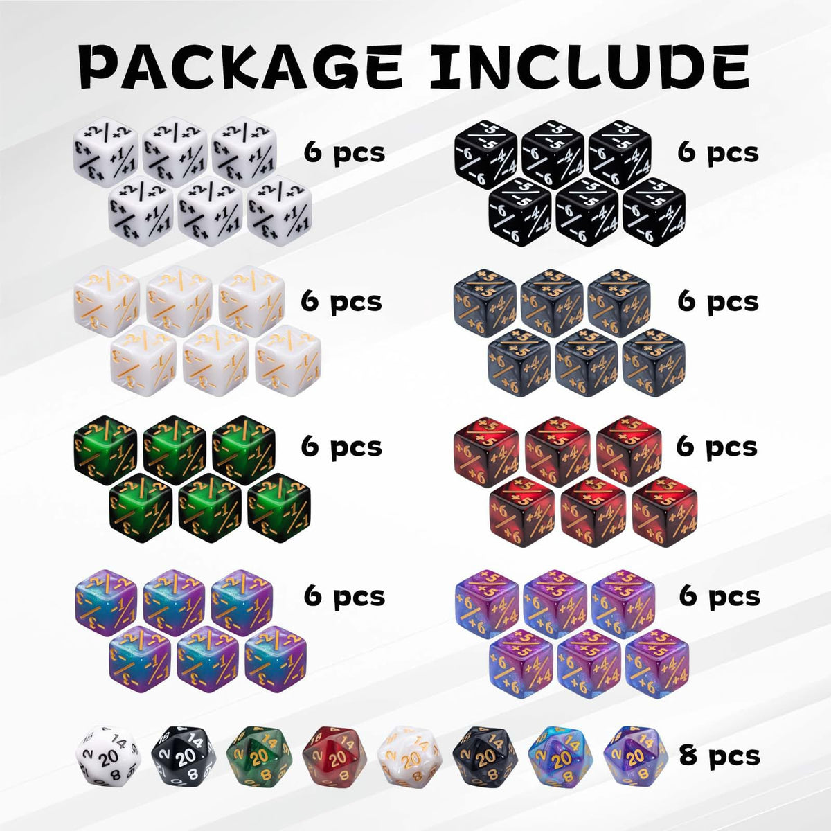 Tinzum 56-Piece MTG Dice Set — 48 Counters, 8 D20s, 8 Colors, Velvet Pouch