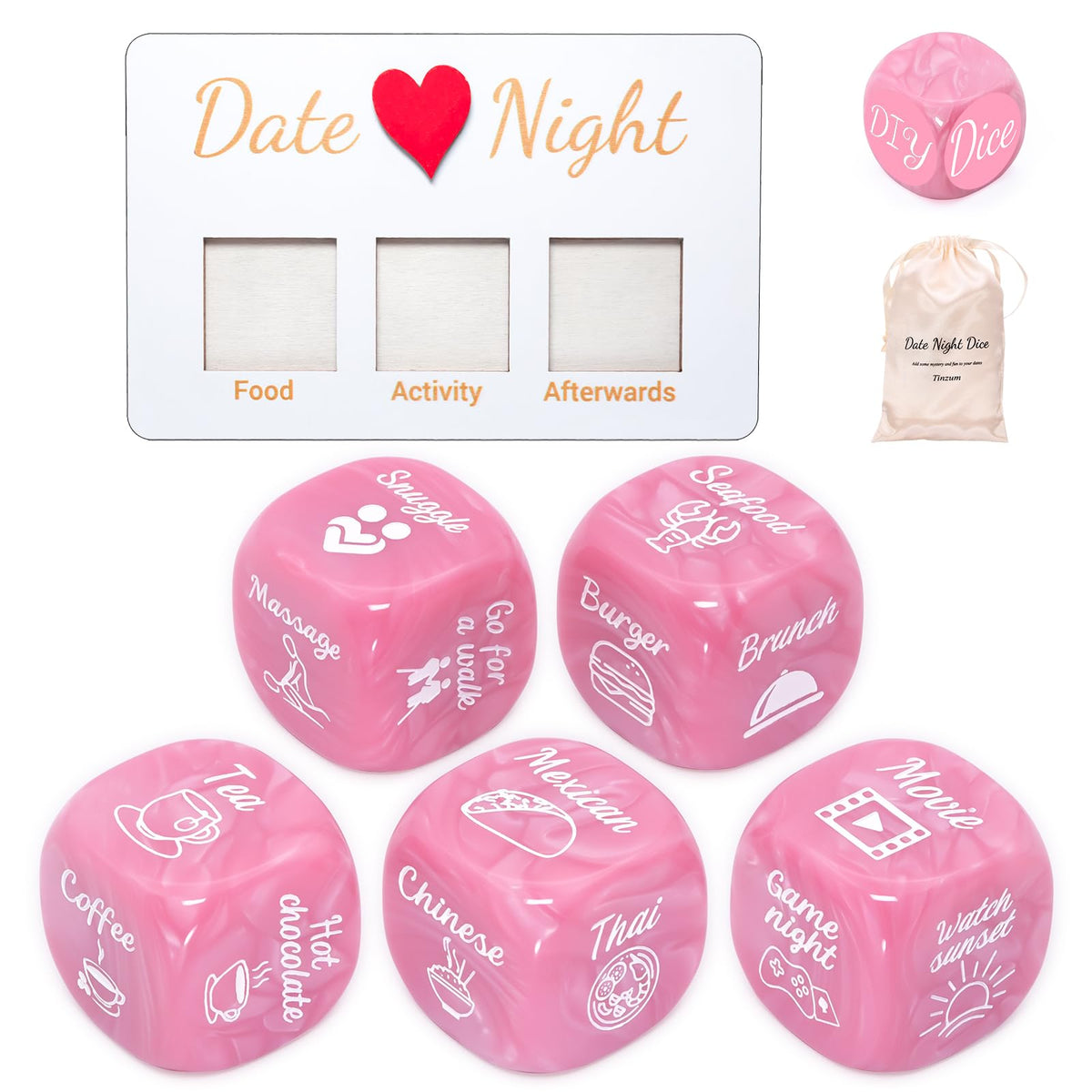 Tinzum Date Night Dice – Pearl Pink 6-Dice Set with Board, Stickers & Satin Bag | Ideal Couples Gift