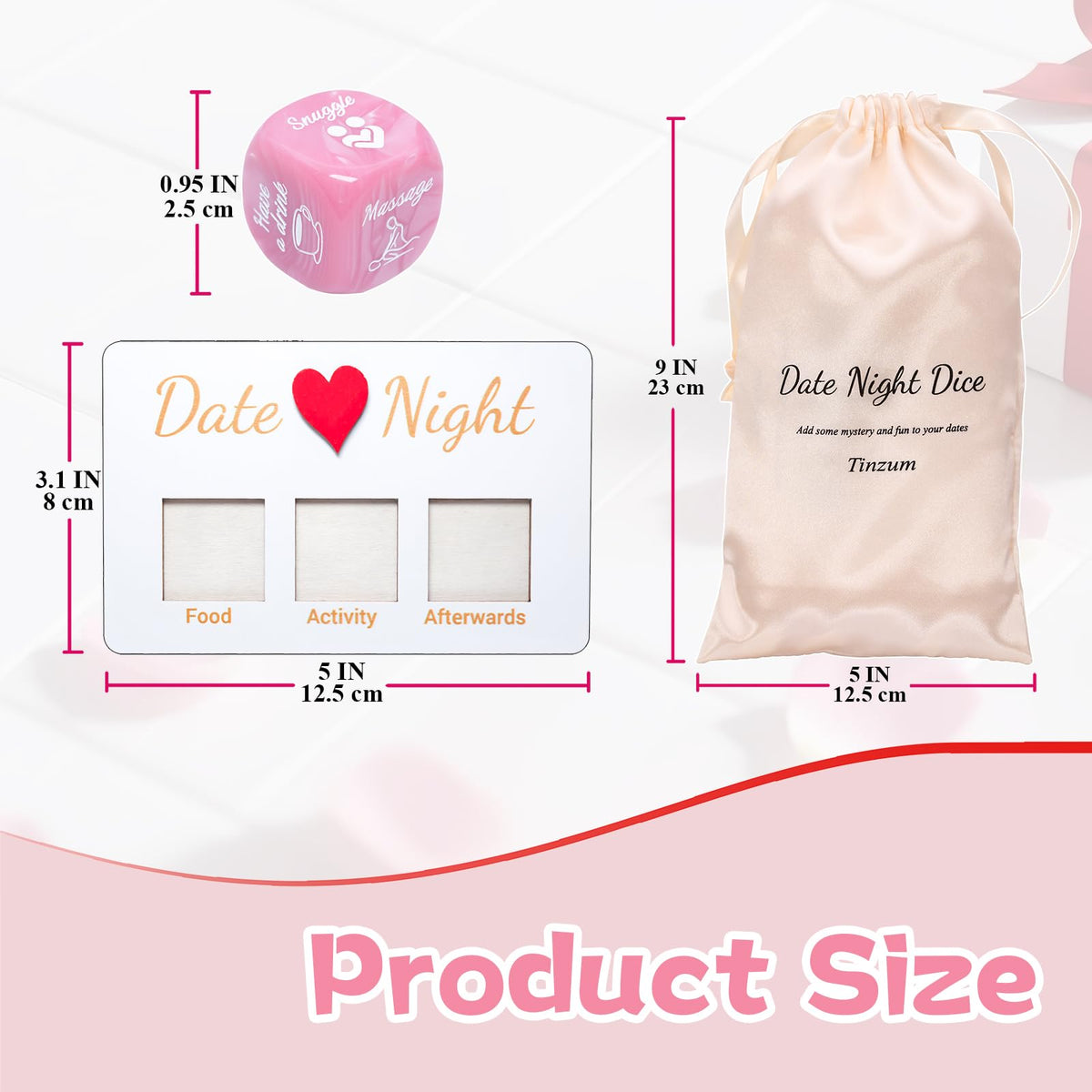 Tinzum Date Night Dice – Pearl Pink 6-Dice Set with Board, Stickers & Satin Bag | Ideal Couples Gift