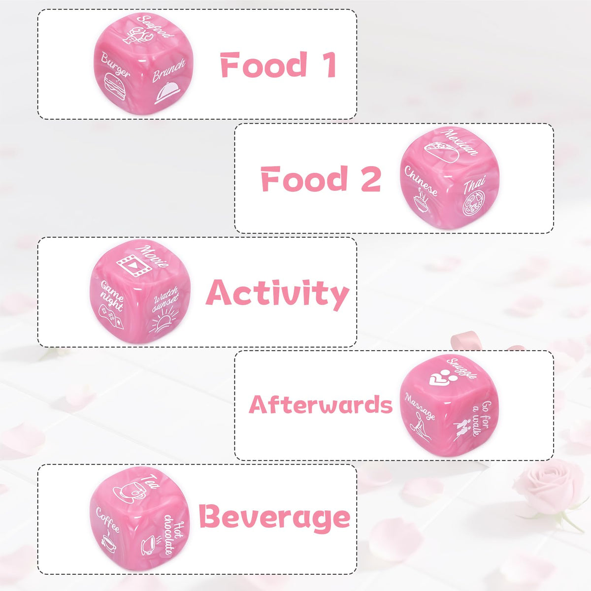 Tinzum Date Night Dice – Pearl Pink 6-Dice Set with Board, Stickers & Satin Bag | Ideal Couples Gift