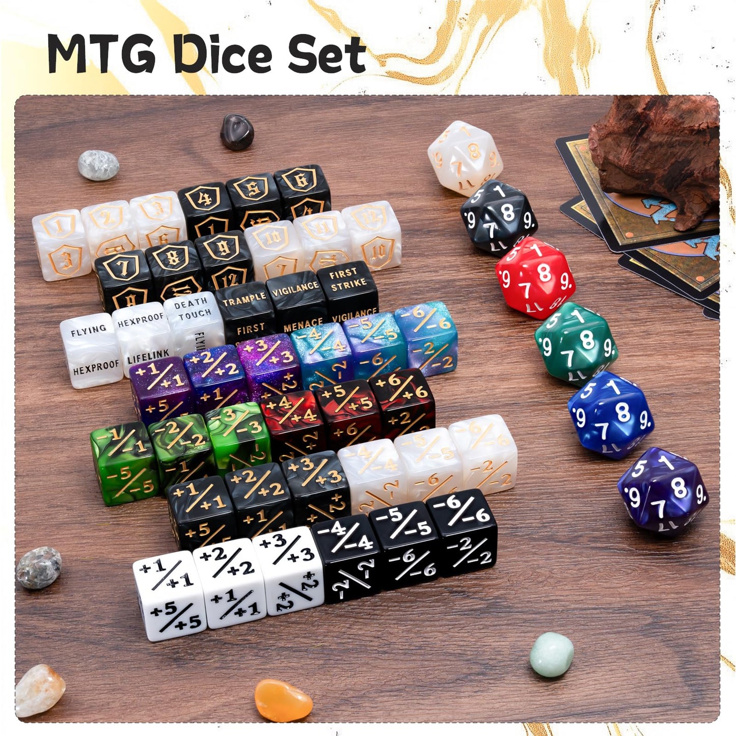Tinzum 78-Piece MTG Dice Set with Plus 1 Life Counter, Keyword & Shield Dice + Spindown D20 – 12 Colors
