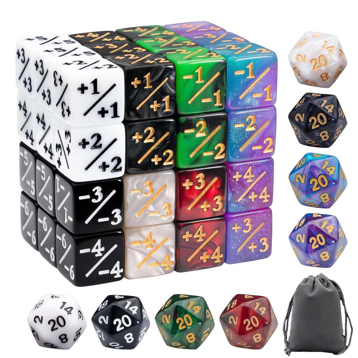 Tinzum 56-Piece MTG Dice Set — 48 Counters, 8 D20s, 8 Colors, Velvet Pouch