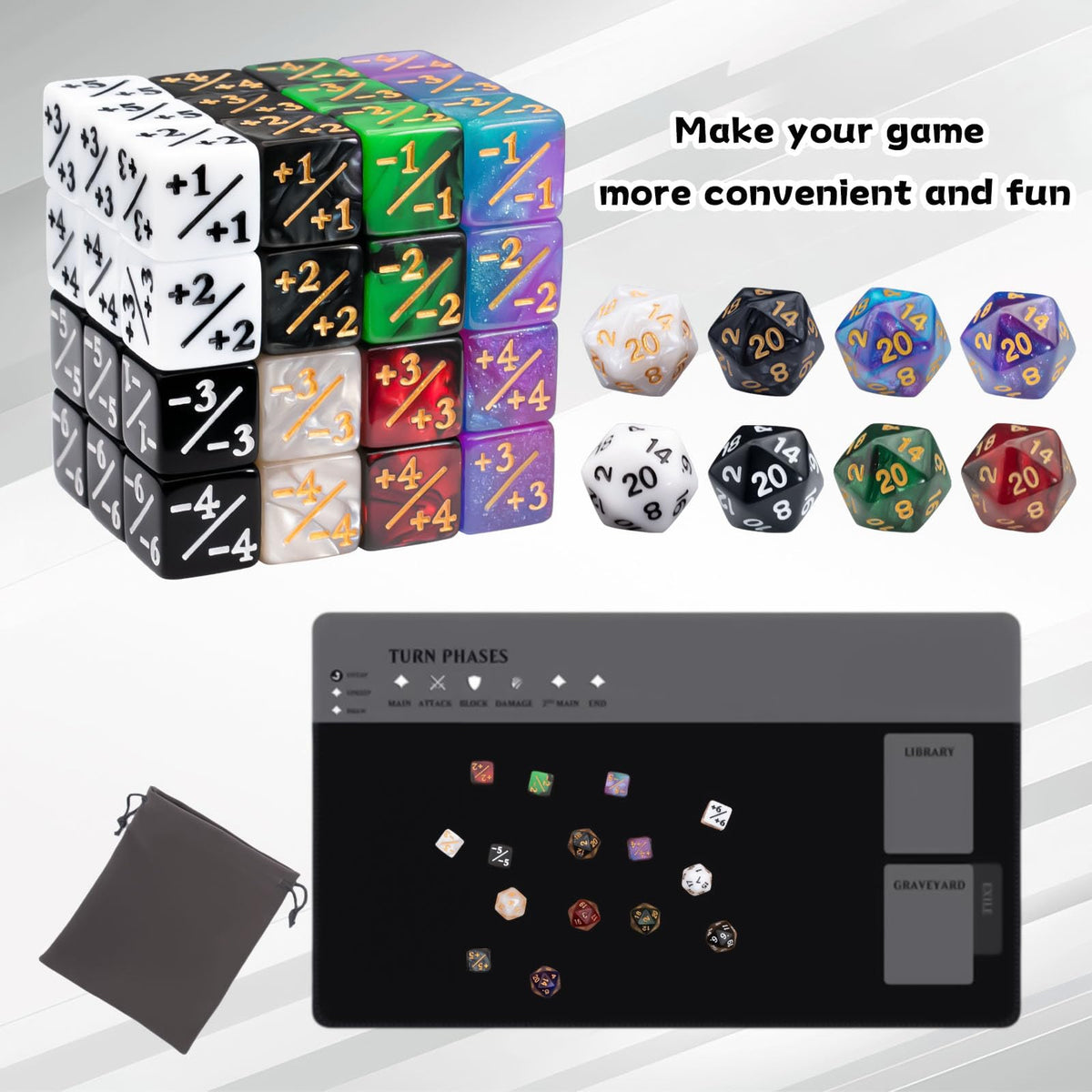 Tinzum 56-Piece MTG Dice Set — 48 Counters, 8 D20s, 8 Colors, Velvet Pouch